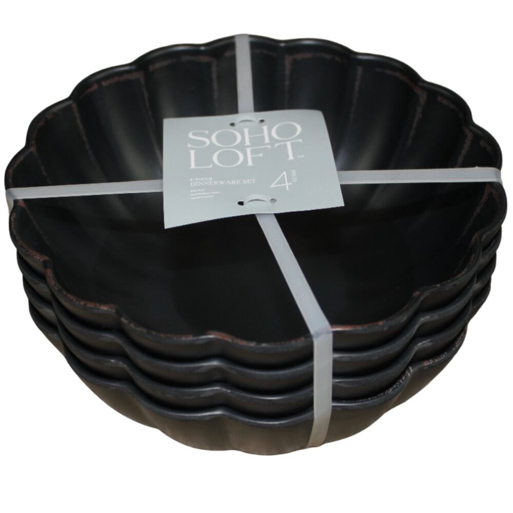 Soho Loft Black Rustic Scalloped Set of 4 Melamine 7.5" Cereal Bowls Brown NWT